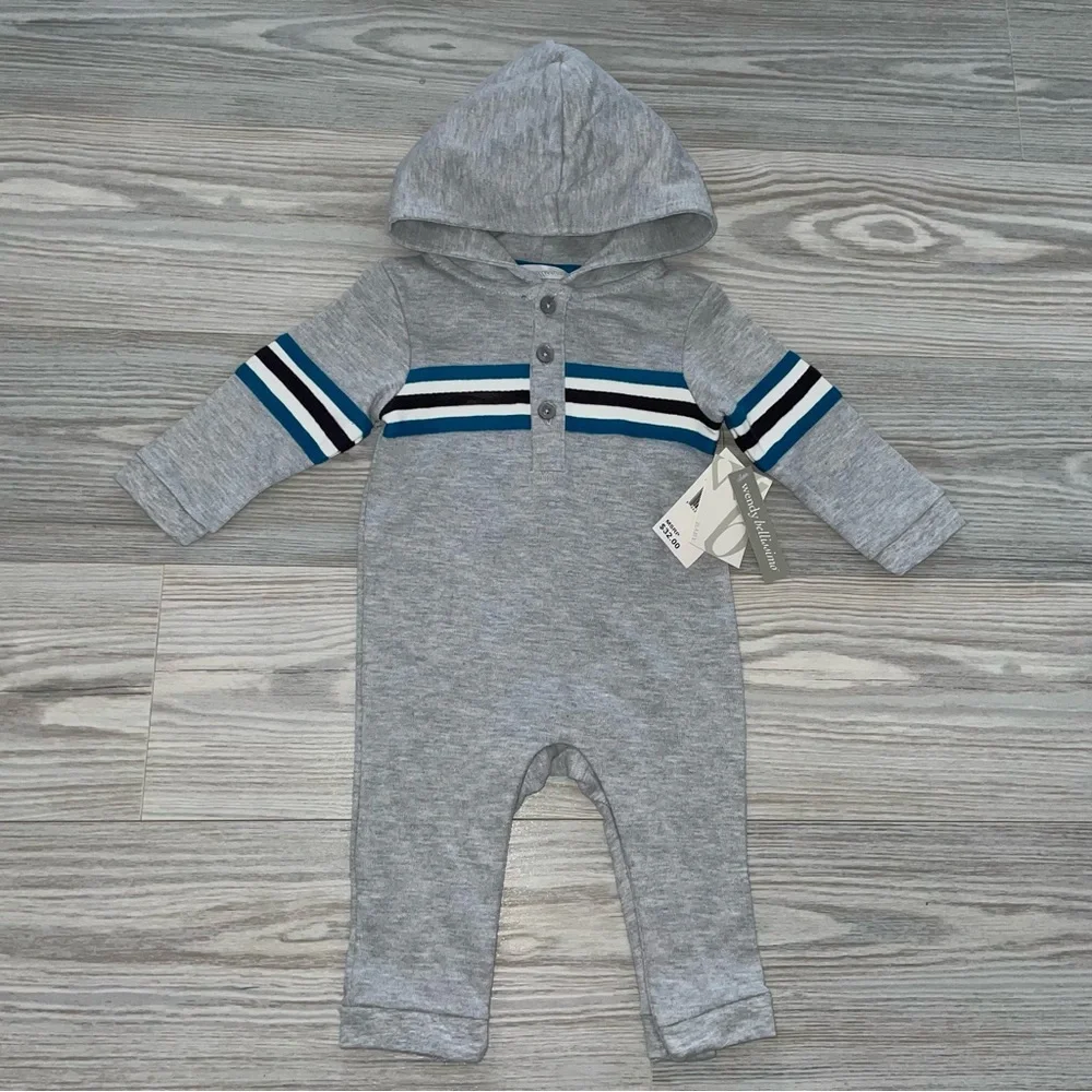 Wendy Bellissimo Baby Boys Hooded Romper 3–6 Months Gray Stripe Snap 1 PC NEW
